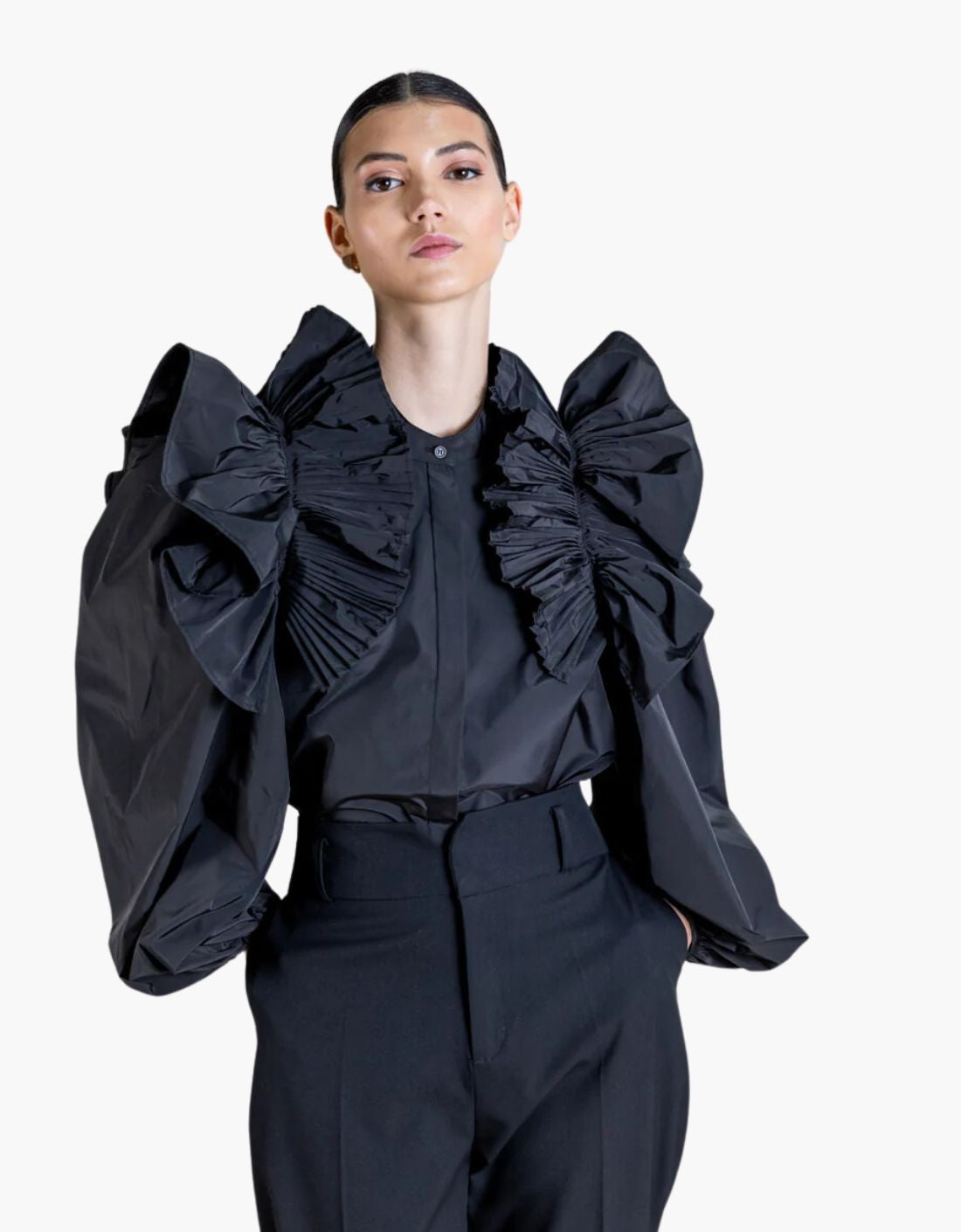 Camisa taffeta ruffle y mangas baloon